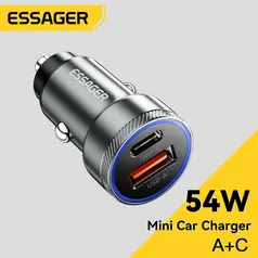 [APP/MOEDAS] Carregador Veicular Essager 54W com Duas Saídas, USB e USB C - Carregamento Rápido, QC 3.0, PD 3.0