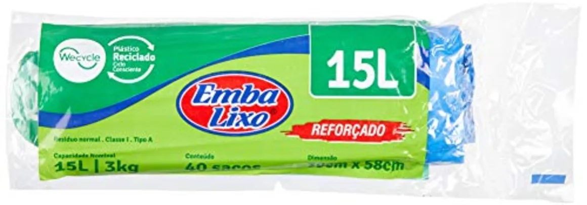 [PRIME LV10 PG 4,98 CADA] Saco de Lixo Reforçado Azul 15 Litros C/40 