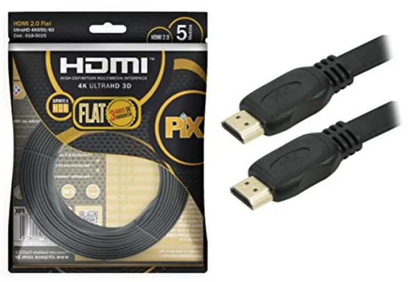 Saindo por R$ 26,99: [PRIME] Cabo HDMI 5 Metros 4K 2.0 HDR 19P FLAT Gold 3 Anos de garantia | Pelando