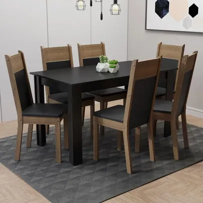 Conjunto Sala de Jantar Mesa Tampo de Madeira com 6 Cadeiras Preto Rustic - Madesa 