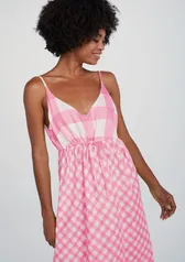 Vestido Midi Evasê Xadrez Básicos Do Brasil - Rosa