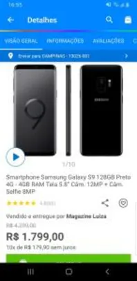 Smartphone Samsung Galaxy S9 128GB Preto 4G R$ 1799