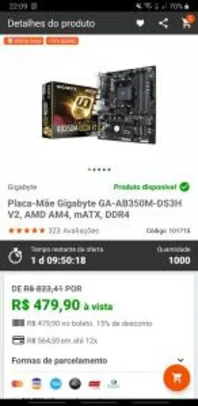 Placa-Mãe Gigabyte GA-AB350M-DS3H V2, AMD AM4, mATX, DDR4 | R$ 480