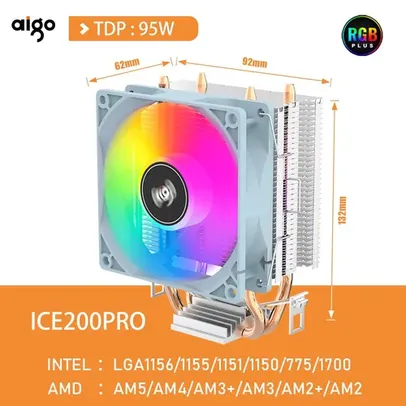 Cooler para processador Aigo ice200pro, 2 heatpipes, ventilador pwm de 3 pinos, silen