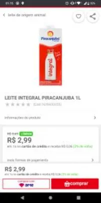 LEITE INTEGRAL PIRACANJUBA 1L | R$2,93