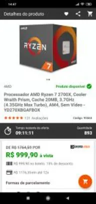 Saindo por R$ 999: Processador AMD Ryzen 7 2700X | R$999 | Pelando