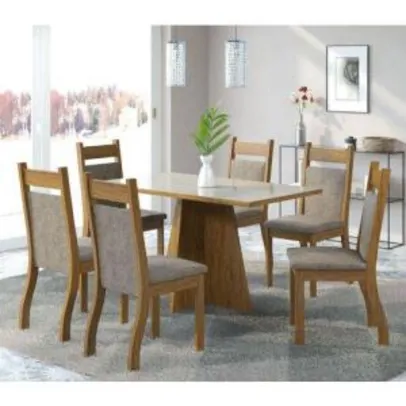 Conjunto De Mesa Para Sala De Jantar Cida Com Vidro Off White 6 Cadeiras Cedro/Dakota | R$706