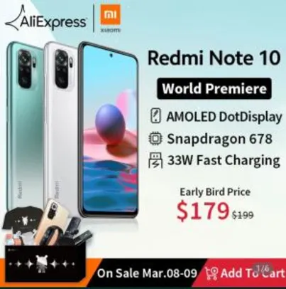 Smartphone Xiaomi Redmi Note 10 - 4/64gb R$1254