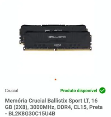 Memória Crucial Ballistix Sport LT, 16 GB (2X8), 3000MHz, DDR4, CL15, Preta - BL2K8G30C15U4B R$505