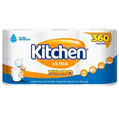 Toalha de Papel Kitchen Folha Dupla Ultra Jumbo - 3 Rolos (360 toalhas)