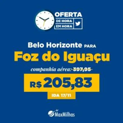 Voos: Belo Horizonte / Foz do Iguaçu, só ida, com taxas - Saída em 17/11 - R$176