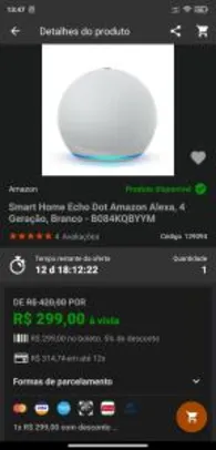 Smart Home Echo Dot Amazon Alexa, 4 Geração, Branco - B084KQBYYM R$299