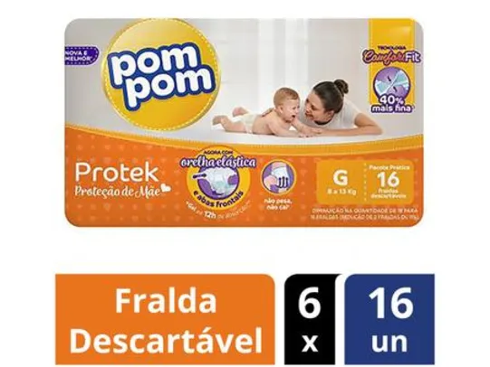 Kit Fraldas Pom Pom Protek Proteção de Mãe - 6 pacotes com 16 unidades