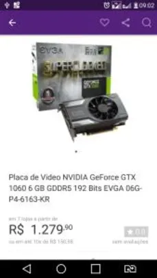 Placa de Vídeo VGA NVIDIA EVGA GEFORCE GTX 1060 6GB SC ACX 2.0 DDR5 06G-P4-6163-KR - R$1.280