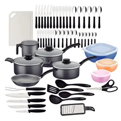 Kit Tramontina com 56 peças para Cozinha com Panelas Antiaderentes em Alumínio, Talheres, Facas, Utensílios e Acessórios