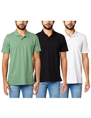 Kit 3 Camisas Polo, basicamente, Masculino, Branco/Preto/Verde Oliva, M