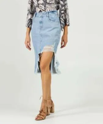 Saia Midi Jeans Destroyed Feminina Assimétrica Biotipo R$63