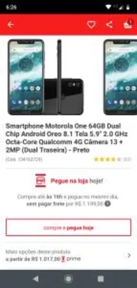 Smartphone Motorola One 64GB Dual Chip Android Oreo 8.1 Tela 5.9" 2.0 GHz Octa-Core Qualcomm 4G - R$967