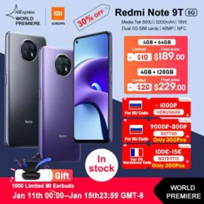 Smartphone Xiaomi Redmi Note 9T 5G 4/64 | R$1.096
