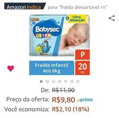 Fraldas Babysec P com 20 - R$9