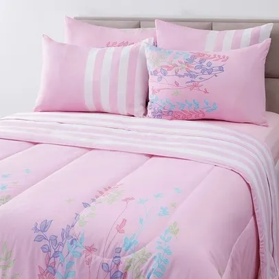 [AME SC R$26,99]Enxoval Cama Queen Herbal Rosa 7 Pecas - Casa e Conforto