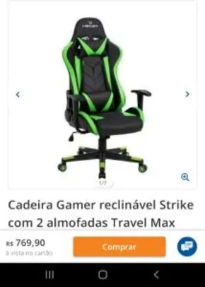 Cadeira Gamer reclinável Strike com 2 almofadas Travel Max Verde/Preto | R$770