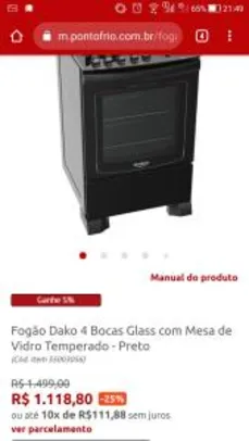 Fogão Dako 4 Bocas Glass com Mesa de Vidro Temperado - Preto R$1119