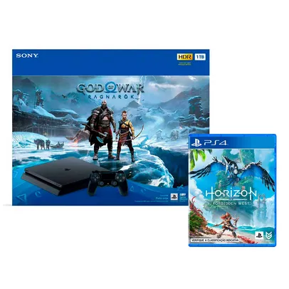 Console Playstation 4 com Jogo God Of Ragnarok Preto + Jogo Horizon Forbidden West PS4 Guerrilla Gam