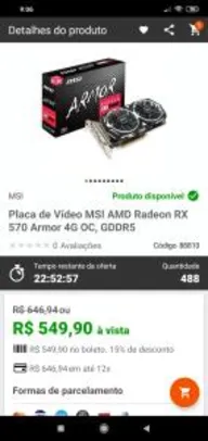 Placa de Vídeo MSI AMD Radeon RX 570 Armor 4G OC - R$550