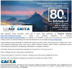 Bônus de até 100%* Tudo Azul para transferência de pontos de cartões Caixa.