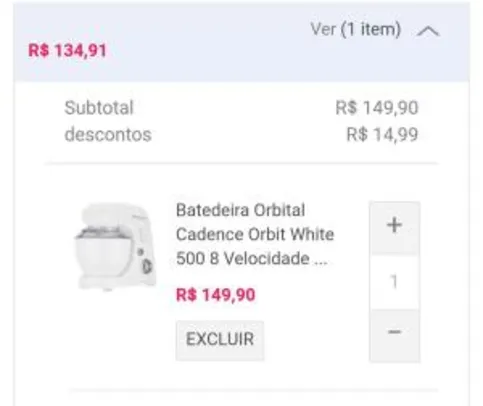 Batedeira Orbital Cadence Orbit White 500 8 Velocidades 400W Branca - R$135