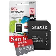 Cartão De Memoria 32Gb Micro Sd Com Adapt Cl10 80Mb/S Plus Sdsqunc-032G Sandisk Ultra por R$ 24