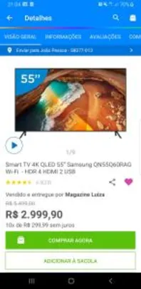 Smart TV 4K QLED 55” Samsung QN55Q60RAG Wi-Fi - HDR 4 HDMI 2 USB R$2999