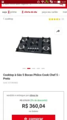 Cooktop à Gás 5 Bocas Philco Cook Chef 5 - R$360,04