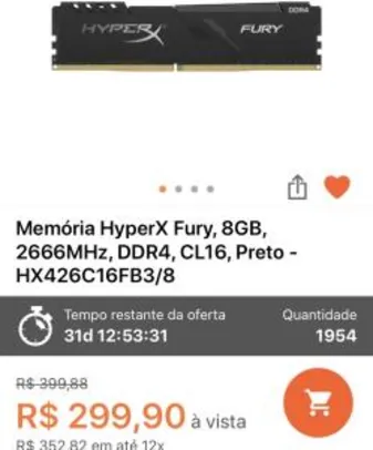 Memória Hyperx Fury, 8GB, 2666MHz, CL16 - R$300