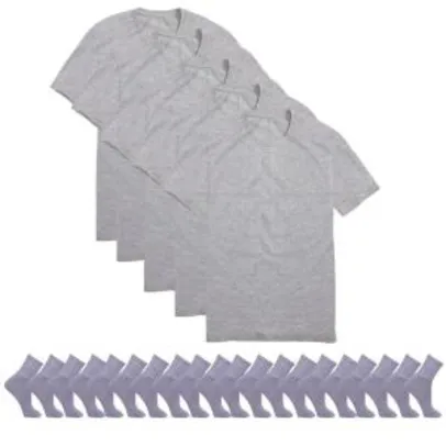 Kit 5 Camisetas Básicas Masculina T-Shirt Algodão + 10 Pares De Meias - Cinza