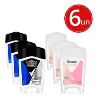 Desodorante Stick Rexona Clinical 6 unidades Creme Feminino/Masculino R$ 116
