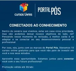 Cursos Livres Liberados pela Pós-Anhanguera.