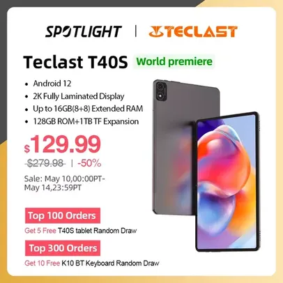 [App] Tablet Teclast T40S, 10.4", Android 12, tela 2K totalmente laminada, 128GB/16GB