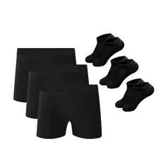 Kit 5 Cuecas Boxer Em Algodão Preto + 3 Meias M3 QLC SPORT