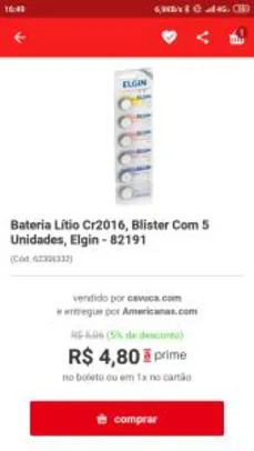 Bateria Lítio Cr2016, Blister Com 5 Unidades, Elgin - 82191 | R$5