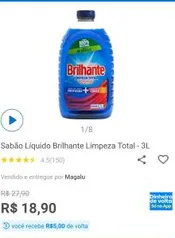 [APP + Magalu Pay + Cupom] Sabão Líquido Brilhante Limpeza Total - 3L | R$9