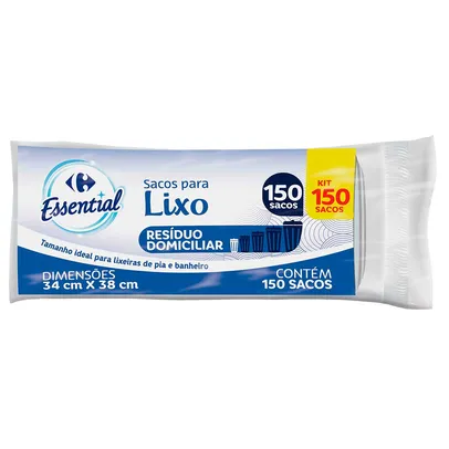 Kit Saco de Lixo Carrefour Essential Branco com 150 Unidades de 8 Litros