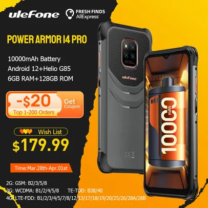 Smartphone ULEFONE10000mah android 12 6gb ram 128gb rom 2.4g/5g wlan do telefone áspero da armadura 14 do poder