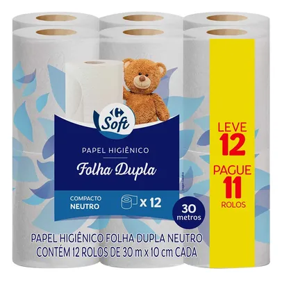 (Regional) (60% OFF na 2ª unidade) Papel Higiênico Folha Dupla Neutro 30 Metros Carrefour Soft Leve 12 Pague 11 Unidades