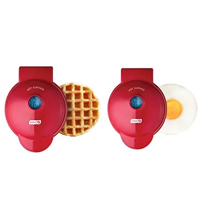 DASH Mini Maker, máquina de waffle + grelha, pacote com 2 chapa + ferro de waffle – vermelho