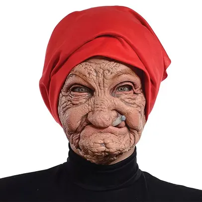 Máscara de Idosa fumante com Gorro vermelho - Halloween