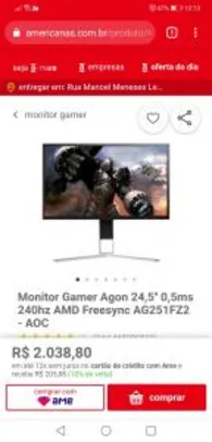 [AME 10%: R$1.835] Monitor Gamer Agon 24,5'' 0,5ms 240hz - AOC