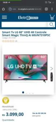 [PayPal] Smart Tv LG 60" UHD 4K Controle Smart Magic ThinQ Ai - R$2789