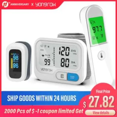Yongrow 3 Itens: Medidor de pulso digital, pressão arterial e esfigmomanômetro de dedo, oxímetro corpo termômetro temperatura | R$90